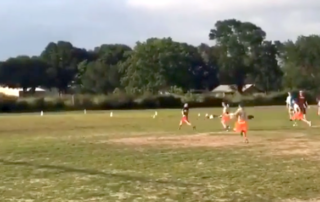 Pee-Wee Flag Football Player Throws Deep Ball for Touchdown