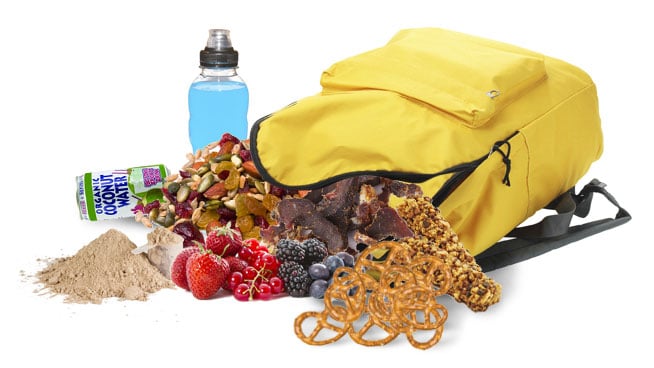 backpack with snacks coming out of it