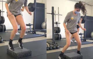 female performing jumping and landing drills for volleyball at the gym